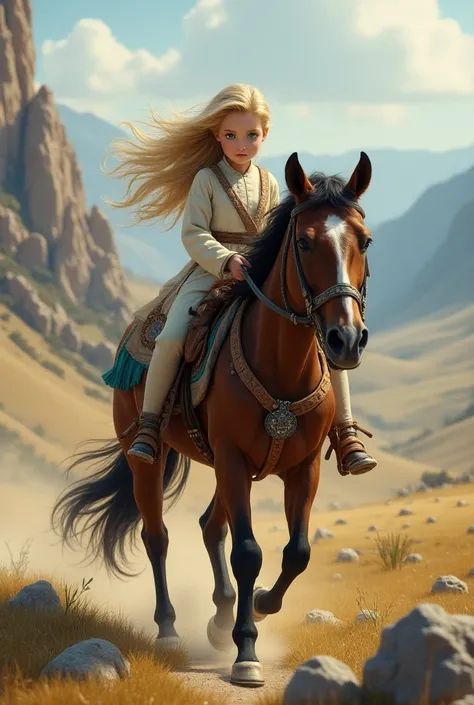  Central Asian-style girl riding a horse。The girls eyes are blue and 、Blonde hair。