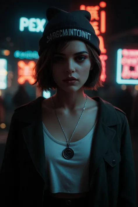 Enlarged face , necklace,  reflections of neon light on the skin, Sergeant, makeup,  skin imperfections ,  short hair, beanie hat, Neon lights background, weak light,  depth of field , high detail,  high contrast, film grain, edge lighting, long exposure ,...