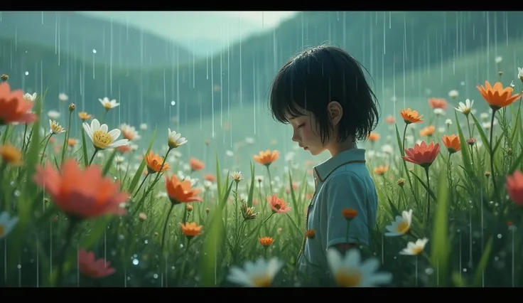 "A close-up of the rain-soaked field, where delicate flowers sway with each raindrop. The character looks down with a loving gaze, as if listening to the rain’s sweet melody."