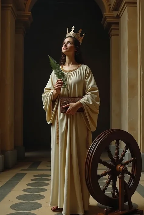  Cinematic scene of Saint Catherine of Alexandria , with crown on head,   book and a palm leaf in your hands , a broken wooden torture wheel ,  and a sword at your feet ,  realistic image,  conveys purity and sadness , Your image stands out ,  your eyes ar...