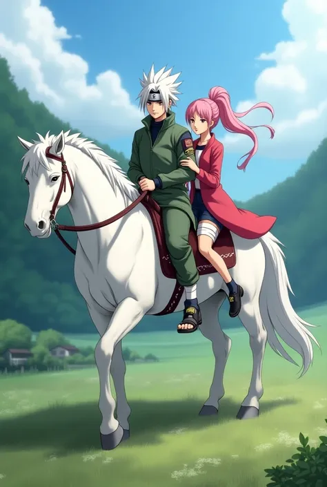 Kakashi Hatake and Sakura Haruno long ponytail hair riding a white horse