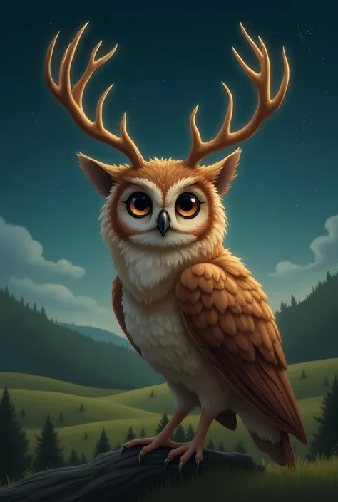 An owl with deer horns in the style of peace "Harry Potter"