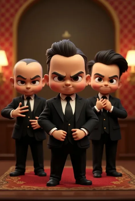 Black rich gangster looking cartoon characters similar to the boss baby movie characters, similar to the boss baby brother