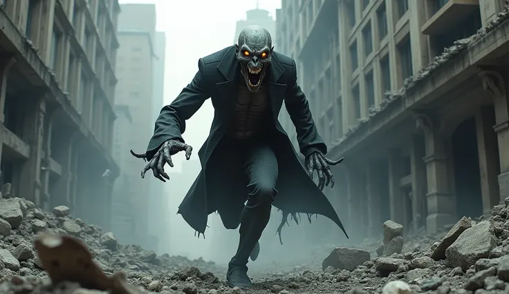 Make a realistic image where ebony maw marvel  is running towards the viewrs and looks terrible with mouth open and the background is destroyed city