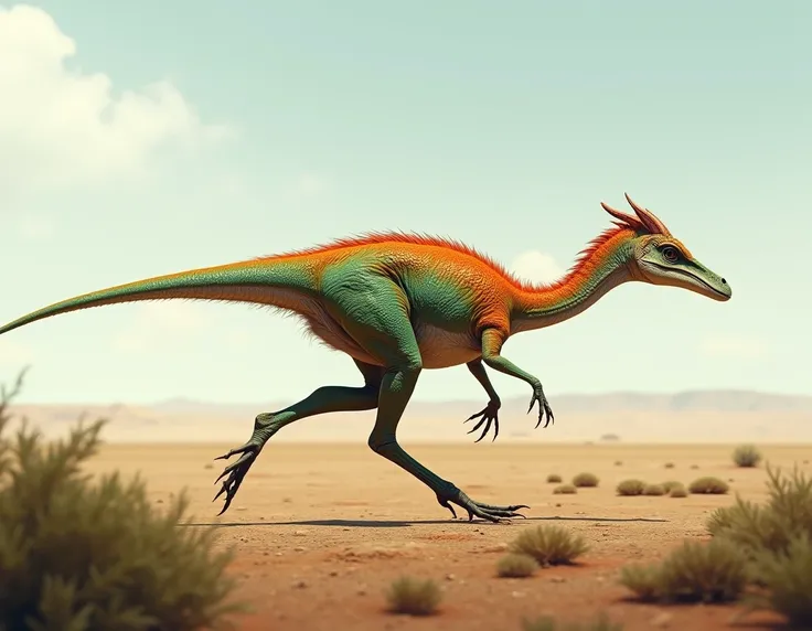 Realistic Gallimimus running through a field, orange and green feathers with intricate skin details, set in a wide open plain with scattered bushes.