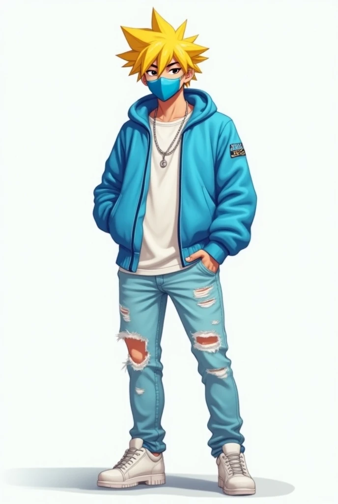 Yellow hair, light blue jacket, light blue ripped jeans, white Gucci shoes, blue bandit mask, male roblox anime form