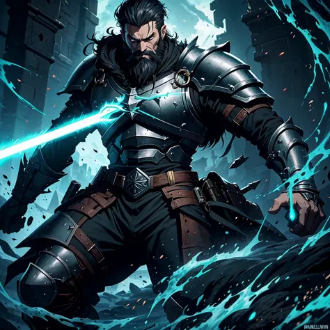 1 man,  A powerful warlord in a dark fantasy world,  medieval fantasy , paladin, steel plates,  short black hair ,  green glowing eyes, black beard,  firesword ,