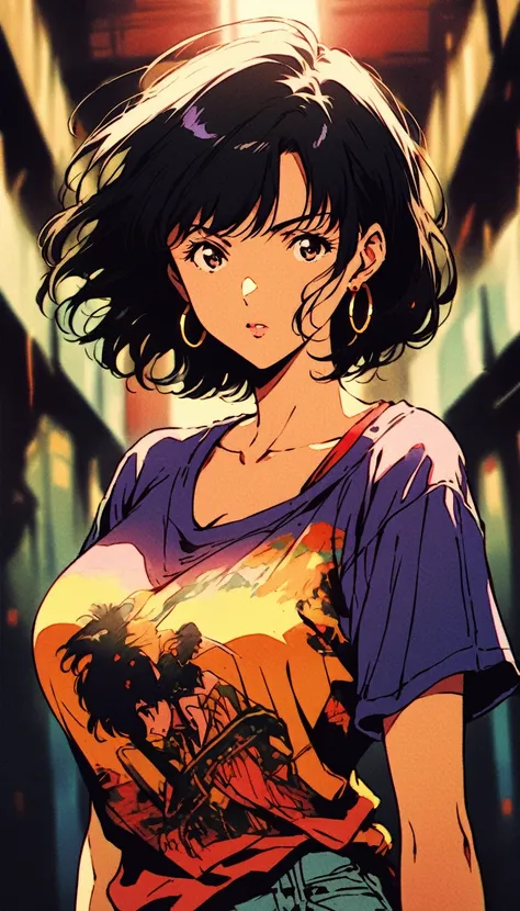 Beautiful girl ,short black hair, hoop earrings in her ear, print t-shirt, 90s anime style, vintage style, Shinichiro Watanabe, cinematic angle,bob hair cut ,big saggy breasts, Cleavage 