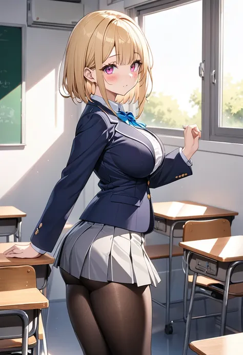 (((Best quality))),(((master piece))),smooth skin, (anime),one woman, 18yo, high school student, gold hair, asymmetry bangs, medium bobbed hair, pink eyes, catch light,(detailed eyes), blush, narrow eyes,school uniform, Navy blue blazer, blue ribbon, skin ...