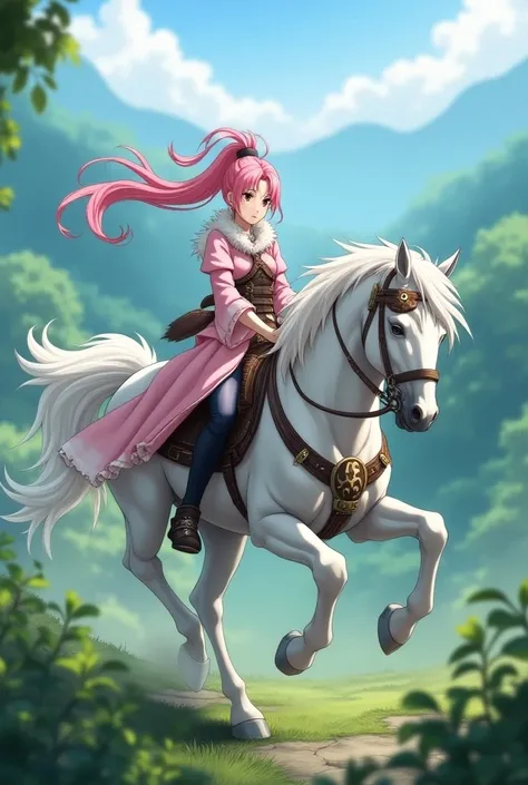 Sakura Haruno long hair high ponytail while riding a white horse