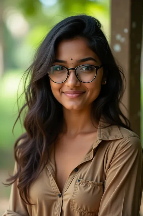 (RAW photo, natural lighting) nude Indian woman without dress , 20 years old, (chubby cheeks:1.1), (curvy body:1.2), (eyeglasses), (bindi), An Indian beauty, charismatic, light Indian- skin, view the viewer, naughty smile, Indian village, (detailed facial ...