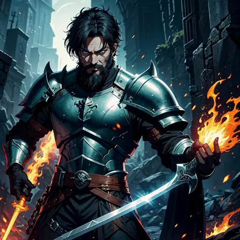 1 man,  A powerful warlord in a dark fantasy world,  medieval fantasy , paladin, steel plates,  short black hair ,  green glowing eyes, black beard, holds a fiery sword in his hand