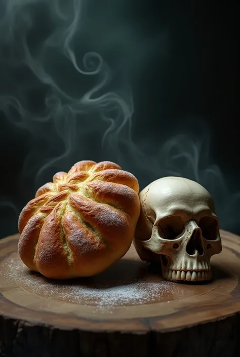 Create a background with Todos Santos bread from Bolivia that contrasts with Halloween, in other words, a skull