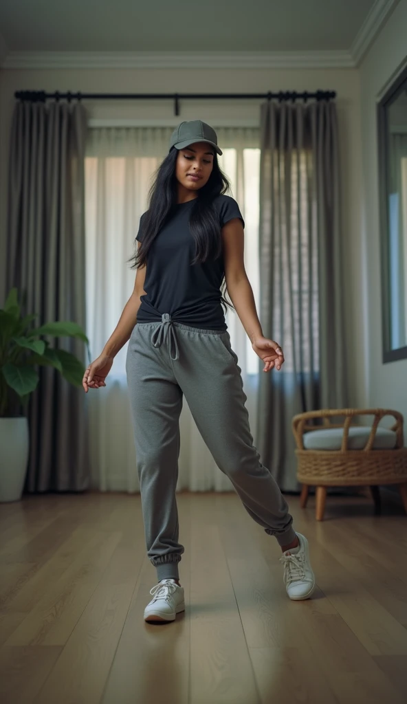 kerala mallu female  reshma in practising zumba dance  ..kerala reshma is young and average sized body perfectly fit body figure with big breast and indian fair skin tone and black hair.wearing tshirt and track pants and cap Realistic photo.Realistic photo...