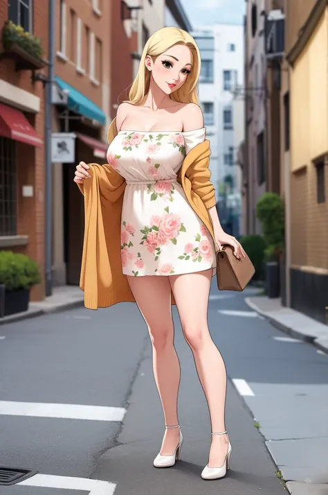 A sexy bust yet thin woman with an extremely beautiful cute face, light blonde long hair, extremely white fair skin, big brown eyes, wearing a long sleeveless white floral dress with V neckline, and a brown cardigan worn in an off-shoulder style with white...