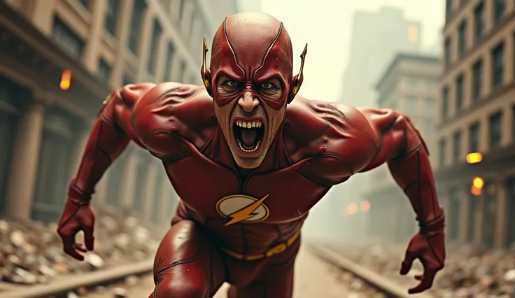 Make a realistic image where flash is running towards the viewrs and looks terrible and the background is destroyed city