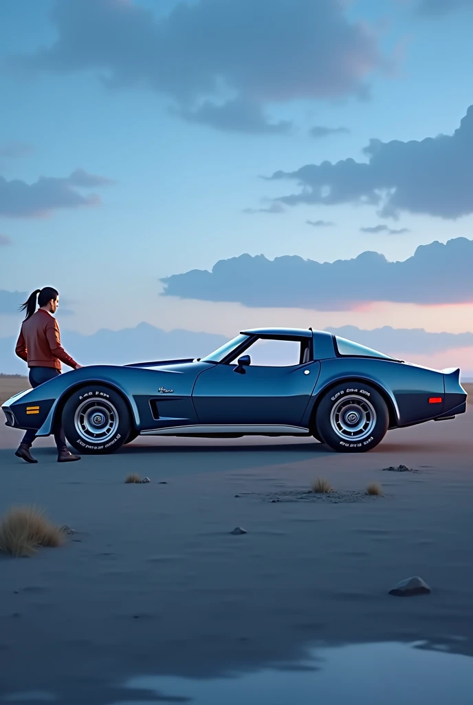  realistic animation style images、 side view of the Chevrolet Corvette C3 iron bumper　Glossy metallic blue color 、In the foreground of the image is a rear view of a man and woman walking towards a car、 1980s American fashion style 、 woman wears a red jacke...