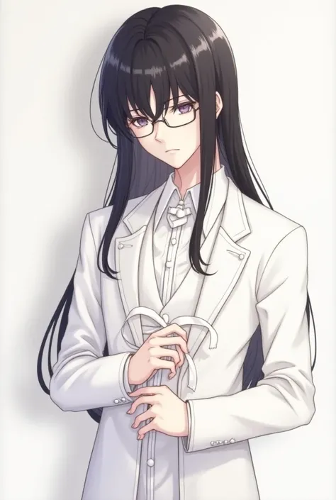 Uryu Ishida black hair, long bangs, wearing glasses, a white outfit holding a white bow, cute, anime style, bishonen male 