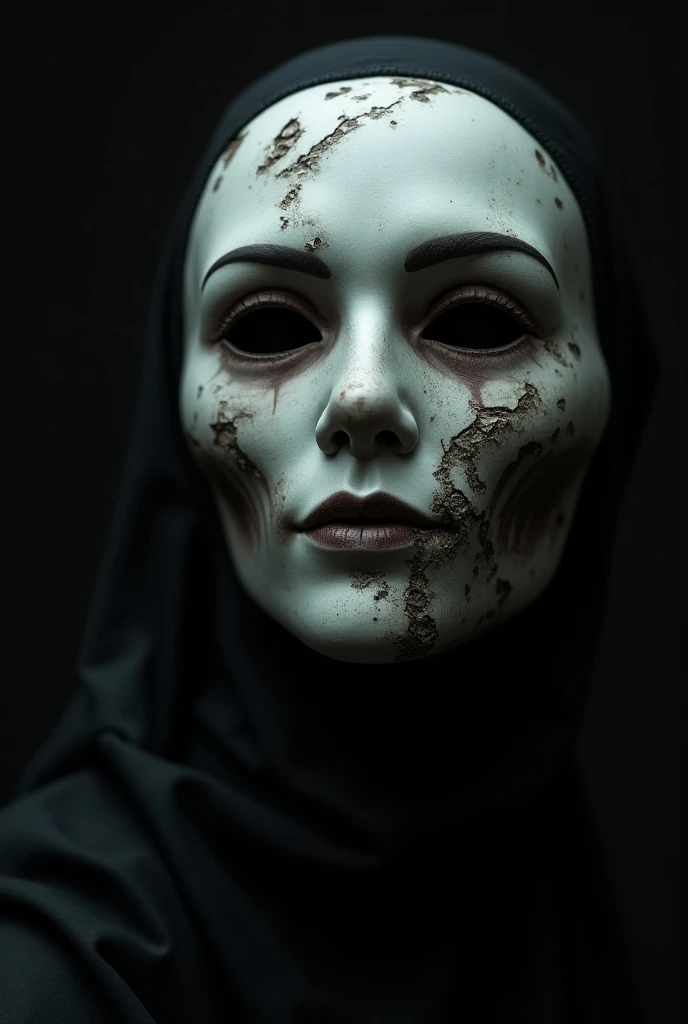 Artwork of a magnificent ((scary and gloomy)), ((broken)), ((macabre)), ((morbid)), ((chipped)) (((porcelain carnival mask))), ((close-up)), ((dark ambiance))