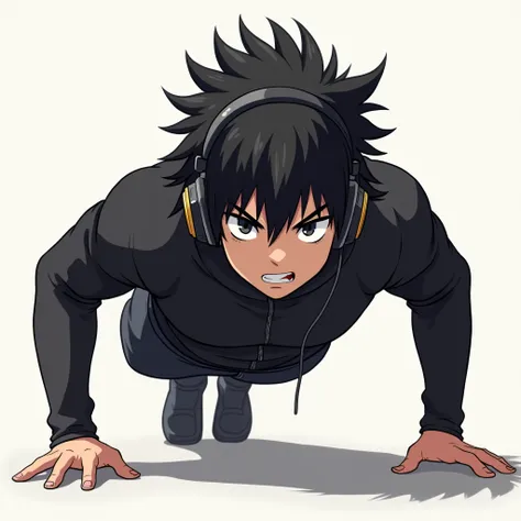 serious-looking anime guy with headphone and black hair doing push up