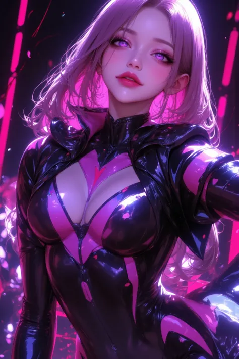 One young and beautiful woman,(Best Quality, Extremely Detailed Description , Incredibly Absurd High Resolution,High quality anime drawings:2.0),(A pink-haired heroine turned evil:2.0),(Tight black and pink bodysuit with hi-tech design,Reflective and smoot...