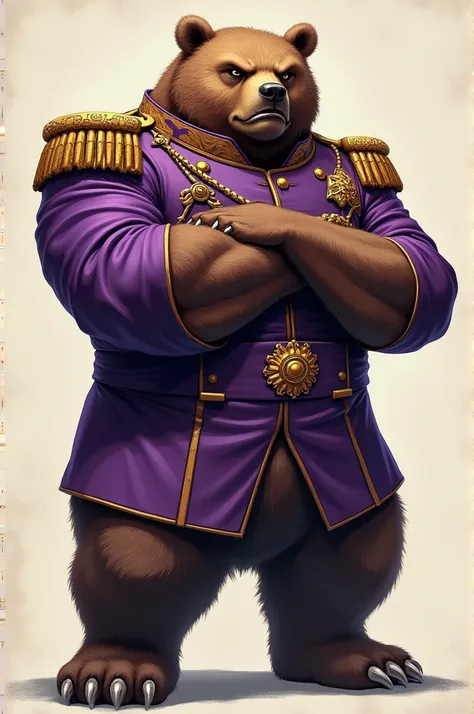 Angry bear with arms crossed in purple uniform 