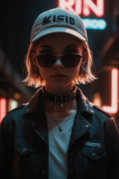 plano cercano del rostro, Alternative girl,  looking over black sunglasses , jacket, collar,  neon light reflections on the skin , earring, make-up,  imperfections in the skin ,  short hair , cap, neon light background , low light,  Depth of field ,  highl...