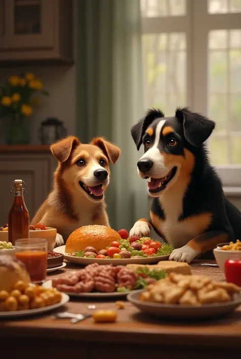 And the father dog and son dog live happily ever after with a feast on the table 