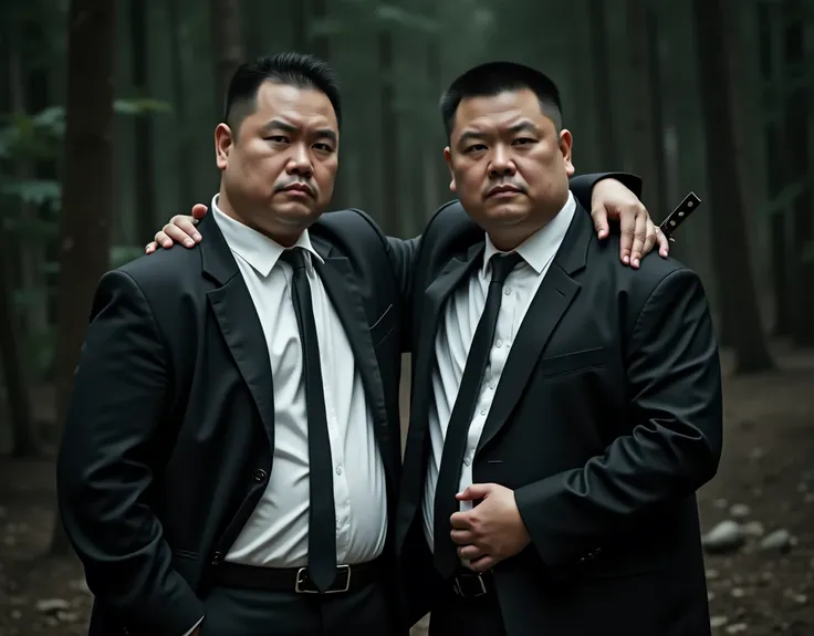  best quality ,  facial focus,  super high resolution , (Reality:1.4), RAW photo, Two Chinese obese young men in suits，Short hair flat head，White shirt，Lips tightly closed， black tie 、 have a serious expression ， facing the camera， in the dark，wilderness，H...