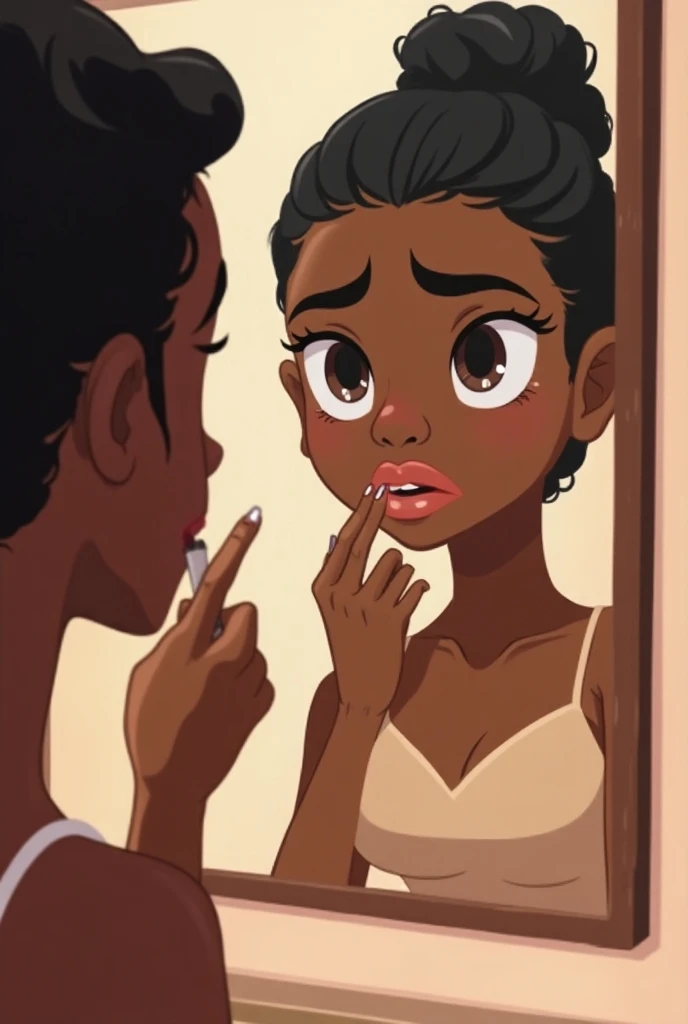  generates a cartoon of a young woman with black skin who is applying the makeup base in front of the mirror ,  foundation that is not her skin tone the scene is her from behind seeing her reflection in the mirror applying her makeup, The makeup is not goo...