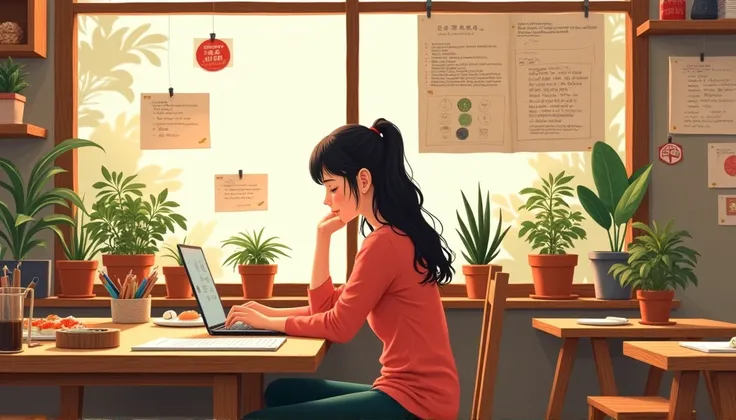 "A cozy, lofi aesthetic sushi place filled with a variety of tables for studying with papers on it. The room is warmly lit by natural sunlight streaming through a windows, casting soft shadows over the plants and wooden desks. The workspace is decorated wi...