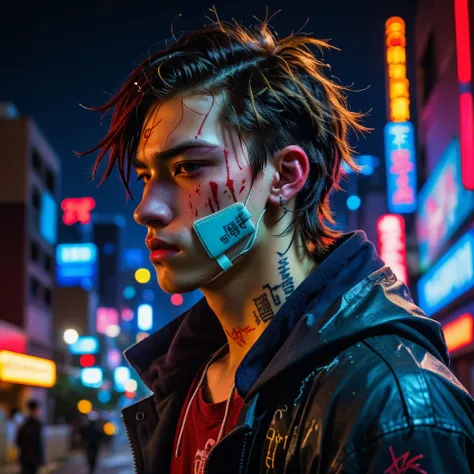 score_9, score_8_up, score_7_up,Blad3Runner, cyberpunk city, cityscape, Night, dark, neon lights in the background, closed mouth, portrait, bandaid on nose, bandaid on face,blurry background, red blood on face, 1boy, human male, 19 years old, after fight, ...