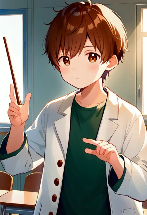   a young man with short hair ,   well-groomed brown hair and warm brown eyes   ,    wearing a white coat over a light blue shirt   ,    standing in a classroom or laboratory   .    He has a friendly and attentive expression   ,  holding a small  ,   thin ...