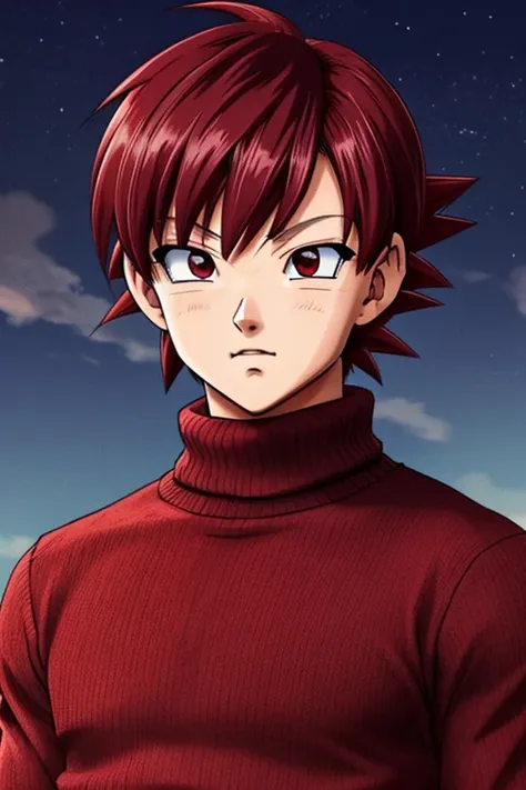 1boy, Anime, Accurate, High Resolution, Best Quality, Dragon Ball Style, Light Tan Skin, Burgundy Slouch Beanie, Red Hair, Short Hair, Bangs, Side Swept Bangs, Red Eyes, Red Turtleneck Sweater