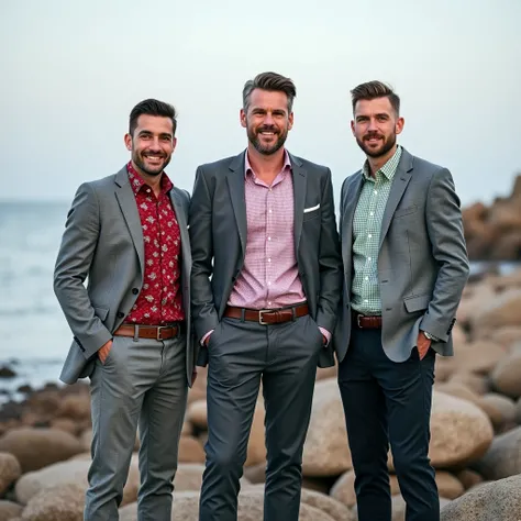 three men standing on a beach rocks and there is to much gap between them and all three having same face one is wearing red leaves shirt and blazer on it , second pink check and blazer on it third there is green check and blazer on it and all blazer are of...