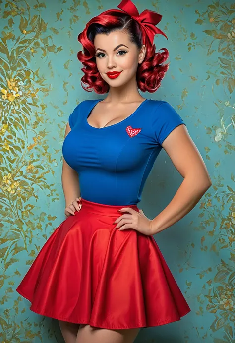 arafed woman in a blue top and red skirt posing for a picture, pinup art, pinup, girl pinup, pinup body, pinup girl, style ivan ...