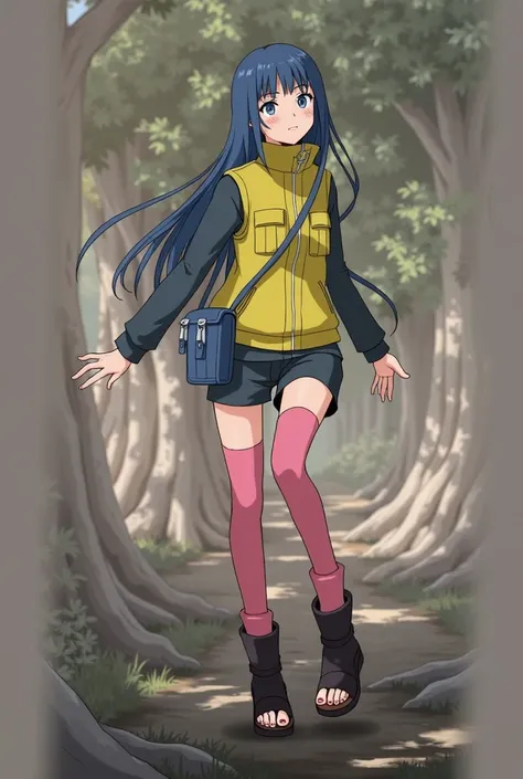 In the original image, the character is a young anime-style girl with long, straight, dark blue hair and blue eyes. She has a calm, slightly curious expression and is walking through a shaded forest with tall trees in the background, adding a serene atmosp...