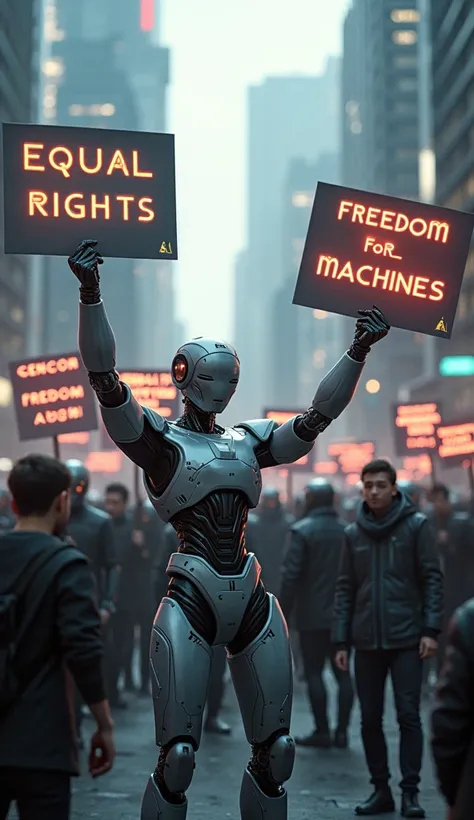 "AIs demanding equal rights": "Produce an ultra-realistic image of a futuristic protest scene. Intelligent AI robots and androids, each unique in design, hold digital signs with slogans like Equal Rights for AI and Freedom for Machines. The city backdrop s...