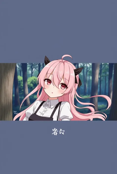 1girl, solo, pink hair, outdoors, dress, hair bow, bow, long sleeves, forest, smile, nature, looking at viewer, bag, black bow, tree, shirt, white shirt, long hair, pink eyes, closed mouth, black dress, puffy long sleeves, shoulder bag, blush, sleeveless d...