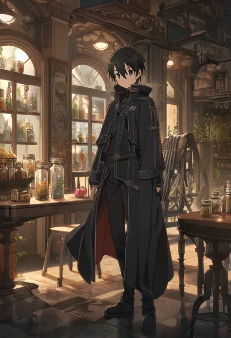 anime, Boy, Kirito, Вдохновись anime SAO,  Black Hair, black cloak,  brown eye ,  Full Height, sword on the back, 8 k,  Complex details , bright colors, Von Cafeteria, chairs, jars ,