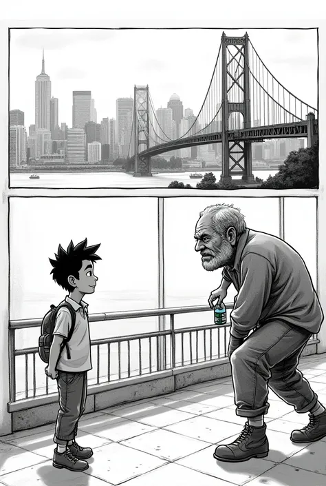  You have a comic
- Picture 1 : young and hopeful ,  comes to San Francisco ,  with buildings and people around .
- Table 2: A sad old man,  with a bottle in her hand , The young man is approaching 
- Table 3:  The old man talks to him about the magic bott...