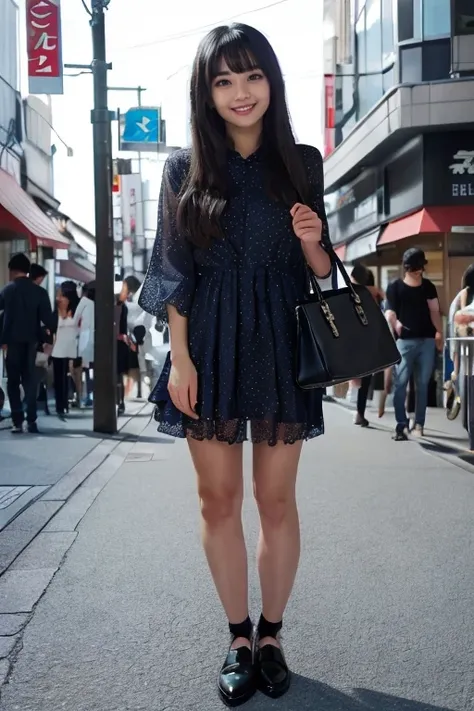 1japanese girl, dress, flats, long hair, bang, black hair, hand bag, smile, standing, in street of harajuku, BREAK, (full body shot:1.45), BREAK, (masterpiece, best quality:1.4), (8k, raw photo, photorealistic:1.2), ultra high res, detailed skin, detailed ...