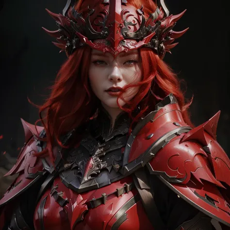 a close up of a woman with red hair wearing a helmet, redhead queen in heavy red armor, lady in red armor, by Yang J, chengwei pan on artstation, beautiful elegant demon queen, red armor, 4k fantasy art, dark fantasy style art, cgsociety and fenghua zhong,...