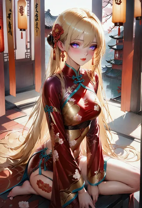 1girl,Long smooth straight golden hair, iridescent eyes,athletic hourglass figure,sitting in skimpy chinese clothes.masterpiece, super detail,detailed eyes, best quality, 8k,realistic