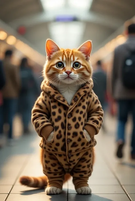 Cute photo-like images, Brown tiger cat in leopard print pajamas, The cat is a kitten 、 standing upright on a crowded train station platform .  the cat is expressionless and stares straight at the viewer .  the crowd around the cat moves away ,  create spa...