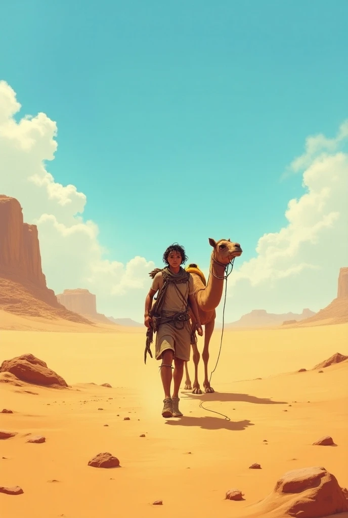 In the desert, in the distance, you can see a tired young traveler with a camel behind, the scorching sun in the sky ,  the sky is blue 