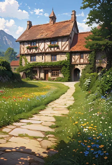 realistic, [reality, Stunning Landscape Oil Painting Ghibli Studio Miyazaki Primrose Petal Meadow Blue Sky Meadow Country Path,building, 