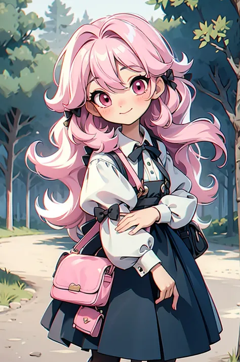 1girl, solo, pink hair, outdoors, dress, hair bow, bow, long sleeves, forest, smile, nature, looking at viewer, bag, black bow, tree, shirt, white shirt, long hair, pink eyes, closed mouth, black dress, puffy long sleeves, shoulder bag, blush, sleeveless d...