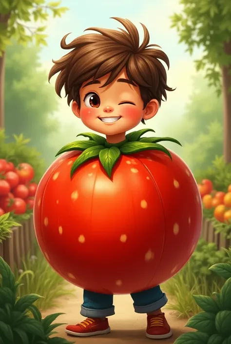 Boy in tomato costume brown-haired illustration