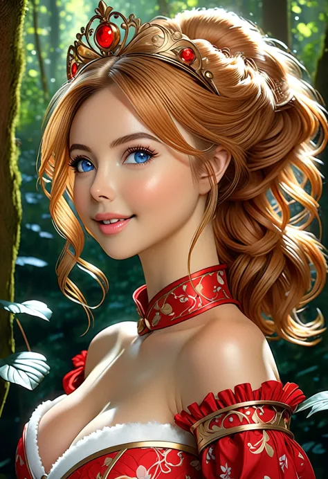 the overall theme and style should feel like. a hybrid of fairytale and Science Fiction. extremely beautiful model, female, long blonde hair, perky breasts, cleavage,, oppulentform fitting hooped skirt, red corset, large exagerated extravagant tiara. Wide ...